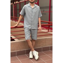 Erkek, gofreli kumaş, yazlık, geniş kalıp, Keten Karışımlı, Gömlek-Şort takım 297-G13