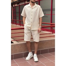 Erkek, gofreli kumaş, yazlık, geniş kalıp, Keten Karışımlı, Gömlek-Şort takım 297-G13