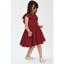 Parla Kids Kız Çocuk Bordo Cherry Fiyonklu Fırfırlı Keten Elbise Toka Takım