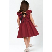 Parla Kids Kız Çocuk Bordo Cherry Fiyonklu Fırfırlı Keten Elbise Toka Takım