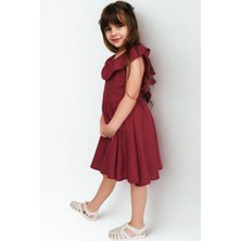 Parla Kids Kız Çocuk Bordo Cherry Fiyonklu Fırfırlı Keten Elbise Toka Takım
