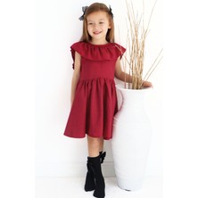 Parla Kids Kız Çocuk Bordo Cherry Fiyonklu Fırfırlı Keten Elbise Toka Takım