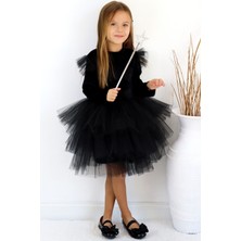 Parla Kids Kız Çocuk Pearly Siyah Uzun Kollu Kadife Tüllü Tütü Doğum Günü