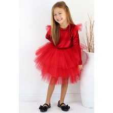Parla Kids Kız Çocuk Pearly Kırmızı Uzun Kollu Kadife Tüllü Tütü Doğum Günü