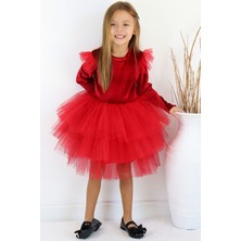 Parla Kids Kız Çocuk Pearly Kırmızı Uzun Kollu Kadife Tüllü Tütü Doğum Günü