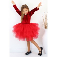 Parla Kids Kız Çocuk Pearly Kırmızı Uzun Kollu Kadife Tüllü Tütü Doğum Günü