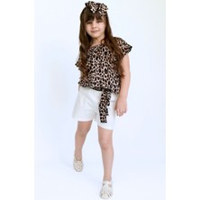 Parla Kids Kız Çocuk Viskon Leopar Madonna Yaka Şortlu Bandana Alt Üst Takım