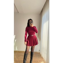 Bordo Içi Şortlu Bordo Kemerli Pileli Etek