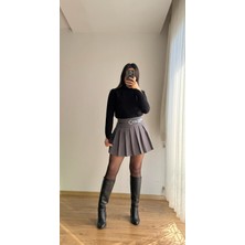Bordo Içi Şortlu Bordo Kemerli Pileli Etek