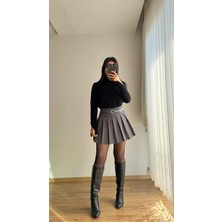 Bordo Içi Şortlu Bordo Kemerli Pileli Etek