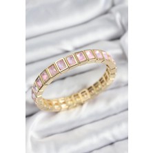Pirinç Pembe Zirkon Taşlı Dikdörtgen Model Gold Renk Lastikli Kadın Bileklik - TJ-BB7491