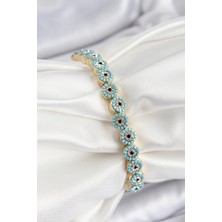 Pirinç Zirkon Taşlı Turkuaz Nazar Model Gold Renk Lastikli Kadın Bileklik - TJ-BB7496