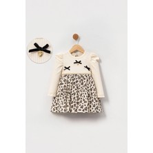 Miniğimin Cicileri Leopar Detaylı Fiyonklu Kız Bebe elbise - Bej