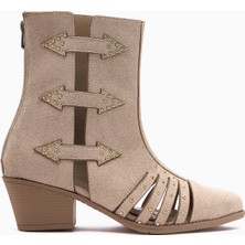 Mayra Bej Süet Troklu Arkadan Fermuarlı Kadın Western Yazlık Bot