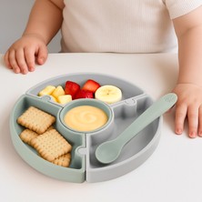 Meleni Baby Puzzle Mama Tabağı Kaşık Seti - Silikon Vakum Tabanlı Yapboz Mama Tabağı Silikon Kaşık - Gri Yeşil