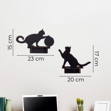 Dekoratif Kedi Figürlü Duvar Rafı Seti | 2 Parça Mdf Ahşap Raf | Siyah Şık Tasarım