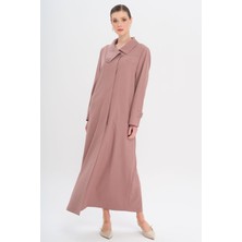 Mendil Yaka Desen ve Taş Detaylı Astarsız Büyük Beden Pardesü Gül Kurusu 6714