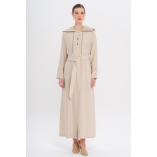 Kapüşonlu File ve Kordon Detaylı Astrasız Modal Pardesü Taş 6739