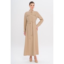 Hakim Yaka Boncuk ve Işleme Detaylı Astarsız Modal Pardesü Bej 6728