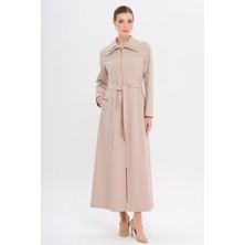 Fermuarlı Metal Aksesuarlı Astarlı Pardesü Bej 6722