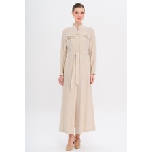 Hakim Yaka Boncuk ve Işleme Detaylı Astarsız Modal Pardesü Taş 6728