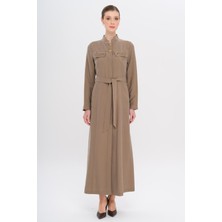 Olcay Hakim Yaka Boncuk ve İşleme Detaylı Astarsız Modal Pardesü A.KAHVE 6728