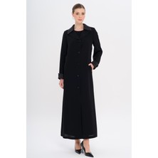 Üst Yakası Saten Garnili Taş Aksesuarlı Astarlı Büyük Beden Pardesü Siyah 6718