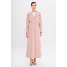 Pelerin ve Kol Ağzı Taş Detaylı Astarlı Pardesü Pudra 6746