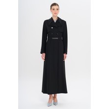 Mendil Yaka Taş ve Boncuk Detaylı Astarlı Pardesü Siyah 6753