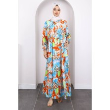 Mavi Yarım Düğmeli Eteği Katlı Desenli Elbise