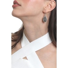 Labalaba  Kadın Antik Gümüş Kaplama Oval Formlu Sallantılı Model Minimalist Küpe