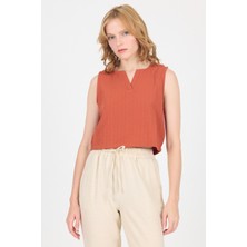 Kiremit V Yaka Kolsuz Crop Bluz 8027