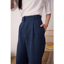 Pileli Basic Keten Pantolon Gece Mavi