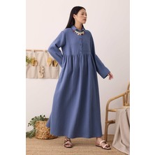 Müslin Beli Büzgülü Elbise Ufuk Mavi