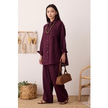 Pileli Basic Keten Pantolon Bordo