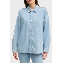 Calvin Klein Pamuk ve Keten Karışımlı Regular Fit Uzun Kollu Kot Gömlek LV047C709GX1O Bayan Gömlek LV047C709G X1O