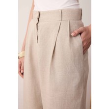 Pileli Basic Keten Pantolon Sedef