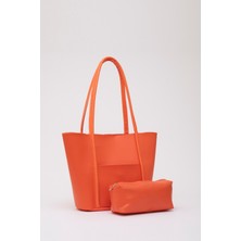 Turuncu Shk80 Önü Cepli Çıtçıtlı Makyaj Çantalı Suni Deri Büyük Boy Kol ve Omuz Çantası