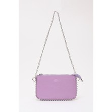 Lila SHK125 Suni Deri Boncuk Detaylı Fermuarlı Tek Bölmeli Zincir Askılı Omuz Çantası