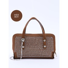 Kahve Rengi SHK223 Süet Kumaş Taşlı Mini Boy Fermuarlı Tek Bölmeli Zincirli El. Kol ve Omuz Çantası