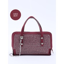 Bordo SHK223 Süet Kumaş Taşlı Mini Boy Fermuarlı Tek Bölmeli Zincirli El. Kol ve Omuz Çantası