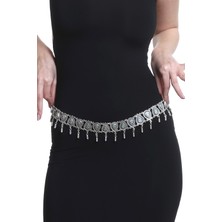 Kadın Antik Gümüş Kaplama Mavi Boncuklu Damla Formlu Bel Kemeri, Bel Kolyesi