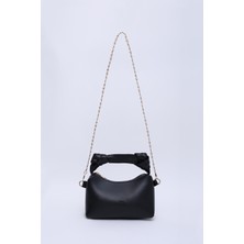 SHAKA Siyah SHK24 Orjinal Soft Deri Düğüm Detaylı Zincir Askılı El ve Omuz Çantası U:14 E:22 G:8 cm