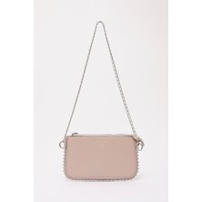 Kırışık Dokulu Vizon SHK125 Suni Deri Boncuk Detaylı Fermuarlı Tek Bölmeli Zincir Askılı Omuz Çantası