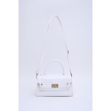 Beyaz Shk188 Suni Deri Tek Bölmeli Kilit Detaylı Askılı El, Kol Ve Omuz Çantası