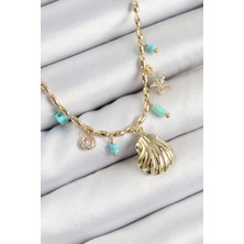 Pirinç Zirkon Taşlı Deniz Kabuğu Model Gold Renk Kadın Kolye