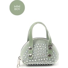 Mint Yeşil SHK220 Süet Kumaş, Tek Bölmeli, Zincir Askılı,fermuarlı, Taşlı, Mini El ve Omuz Çantası