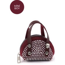Bordo SHK220 Süet Kumaş, Tek Bölmeli, Zincir Askılı,fermuarlı, Taşlı, Mini El ve Omuz Çantası