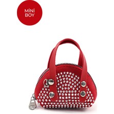 Kırmızı SHK220 Süet Kumaş, Tek Bölmeli, Zincir Askılı,fermuarlı, Taşlı, Mini El ve Omuz Çantası