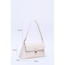 SHAKA Krem SHK153 Suni Deri Kilit Detaylı Standart Askılı Tek Bölmeli El, Kol ve Omuz Çantası U:15 E:29 G:9 cm